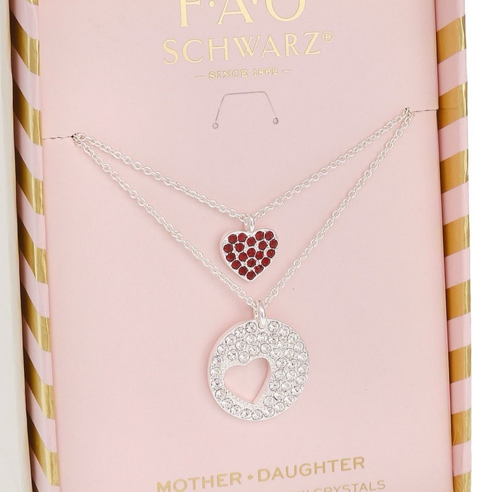 FAO Schwarz Fine Silver Red Heart Pendant Necklace Set Mother Daughter
